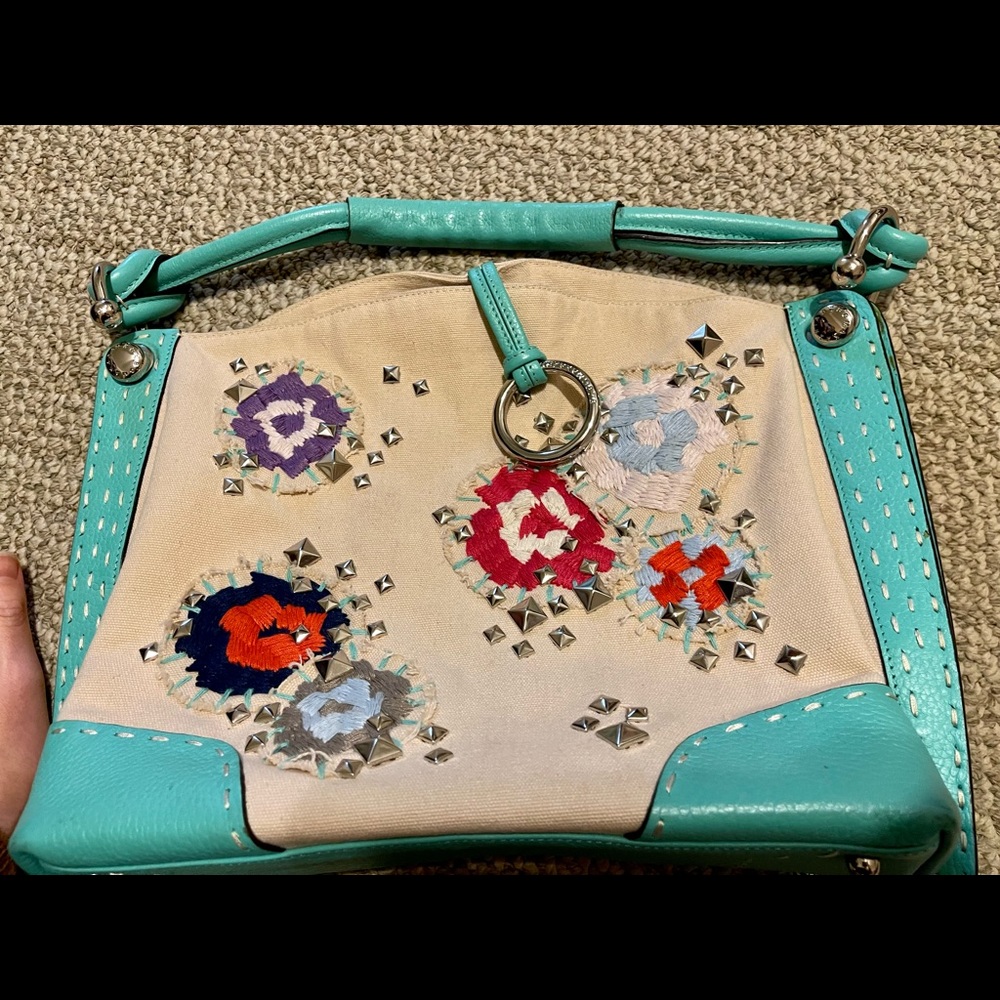 BCBGMAXAZRIA Embroidered flower & studs leather Canvas Purse - Picture 2 of 10